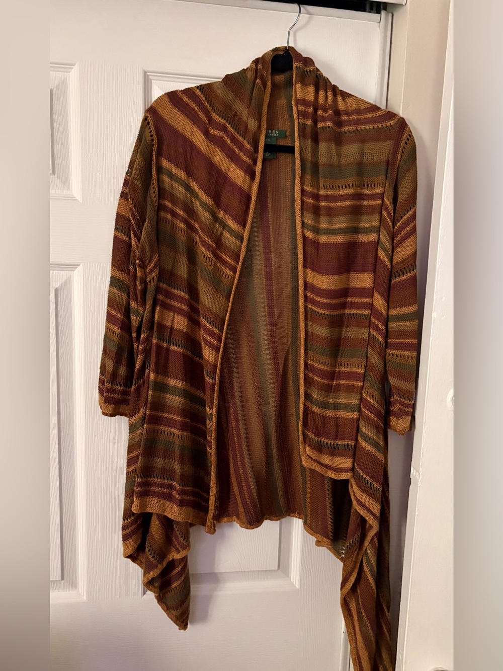 Lauren Ralph Lauren Striped Open-Knit Cardigan in Rust, Olive & Mustard
